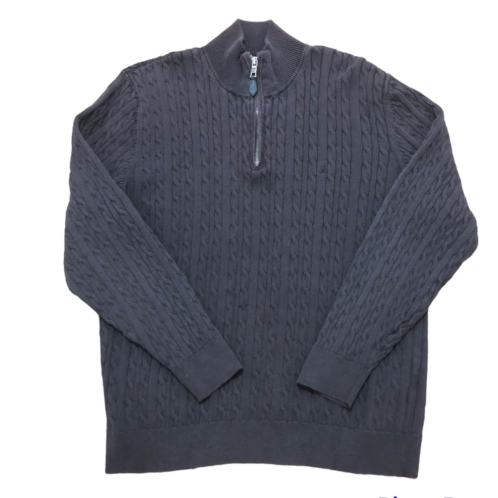 Nautica Mens Cable Knit Cotton Brown Quarter Zip Sweater